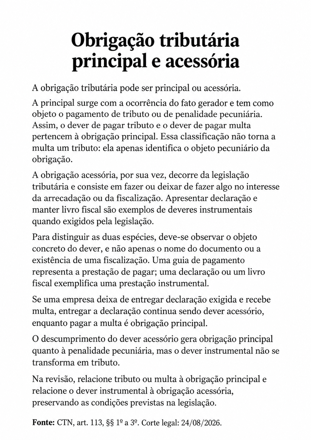 Texto corrido: obrigação tributária principal e acessória